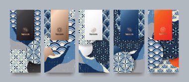 Vektör seti paketleme şablonları doğal lüks veya premium üretimli Japonca. Logo tasarımı trend doğrusal stil ile. Makbuz, broşür, broşür. Menü kapağı japan tarzı vektör ilülasyonu.