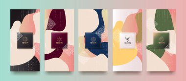 Vektör seti paketleme şablonları doğal lüks veya premium üretimli Japonca. Logo tasarımı trend doğrusal stil ile. Makbuz, broşür, broşür. Menü kapağı japan tarzı vektör ilülasyonu.