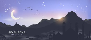 Kurban Bayramı Mübarek, Müslüman cemaati festivali Arap manzara geçmişi kutlaması. İslami Ramazan kutlama vektörü geçmişi. Vector Illustration