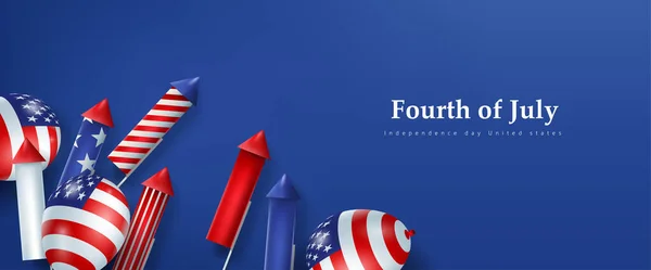 독립일 Usa Banner Template Rocket Fireworks Balloves Background — 스톡 벡터