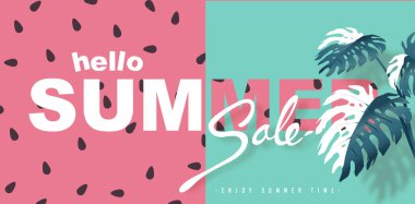 Yaz indirimi arka plan afişleri tropikal yaprak ve karpuz dokusu ile dekore edilir.