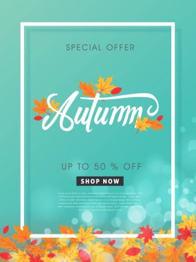 Sonbahar indirimi arka plan düzeni alışveriş satışı veya tanıtım afişi ve çerçeve broşürü veya web afişi için yapraklarla dekore edilir. Vektör illüstrasyon şablonu.