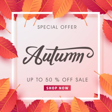 Sonbahar indirimi arka plan düzeni alışveriş satışı veya tanıtım afişi ve çerçeve broşürü veya web afişi için yapraklarla dekore edilir. Vektör illüstrasyon şablonu.