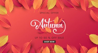 Sonbahar indirimi arka plan düzeni alışveriş satışı veya tanıtım afişi ve çerçeve broşürü veya web afişi için yapraklarla dekore edilir. Vektör illüstrasyon şablonu.