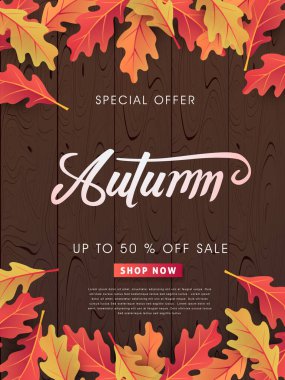 Sonbahar indirimi arka plan düzeni alışveriş satışı veya tanıtım afişi ve çerçeve broşürü veya web afişi için yapraklarla dekore edilir. Vektör illüstrasyon şablonu.