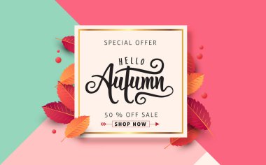 Sonbahar indirimi arka plan düzeni alışveriş satışı veya tanıtım afişi ve çerçeve broşürü veya web afişi için yapraklarla dekore edilir. Vektör illüstrasyon şablonu.