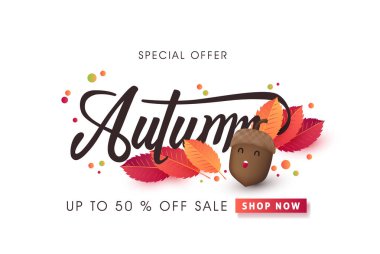Sonbahar indirimi arka plan düzeni alışveriş satışı veya tanıtım afişi ve çerçeve broşürü veya web afişi için yapraklarla dekore edilir. Vektör illüstrasyon şablonu.