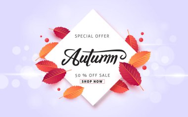 Sonbahar indirimi arka plan düzeni alışveriş satışı veya tanıtım afişi ve çerçeve broşürü veya web afişi için yapraklarla dekore edilir. Vektör illüstrasyon şablonu.