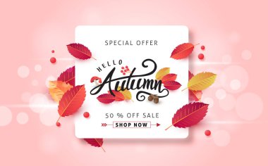 Sonbahar indirimi arka plan düzeni alışveriş satışı veya tanıtım afişi ve çerçeve broşürü veya web afişi için yapraklarla dekore edilir. Vektör illüstrasyon şablonu.