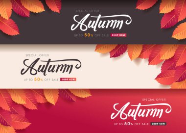 Sonbahar indirimi arka plan düzeni alışveriş satışı veya tanıtım afişi ve çerçeve broşürü veya web afişi için yapraklarla dekore edilir. Vektör illüstrasyon şablonu.