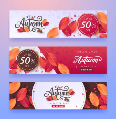 Sonbahar indirimi arka plan düzeni alışveriş satışı veya tanıtım afişi ve çerçeve broşürü veya web afişi için yapraklarla dekore edilir. Vektör illüstrasyon şablonu.