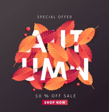 Sonbahar indirimi arka plan düzeni alışveriş satışı veya tanıtım afişi ve çerçeve broşürü veya web afişi için yapraklarla dekore edilir. Vektör illüstrasyon şablonu.