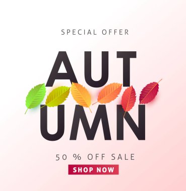 Sonbahar indirimi arka plan düzeni alışveriş satışı veya tanıtım afişi ve çerçeve broşürü veya web afişi için yapraklarla dekore edilir. Vektör illüstrasyon şablonu.