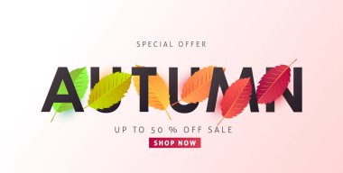 Sonbahar indirimi arka plan düzeni alışveriş satışı veya tanıtım afişi ve çerçeve broşürü veya web afişi için yapraklarla dekore edilir. Vektör illüstrasyon şablonu.