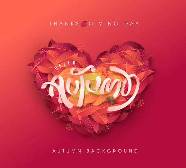 Feuilles Automne Coeur Forme Background Thanksgiving Jour Vecteur Illustration Autumn — Image vectorielle
