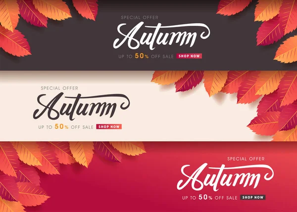 Sonbahar indirimi arka plan düzeni alışveriş satışı veya tanıtım afişi ve çerçeve broşürü veya web afişi için yapraklarla dekore edilir. Vektör illüstrasyon şablonu.