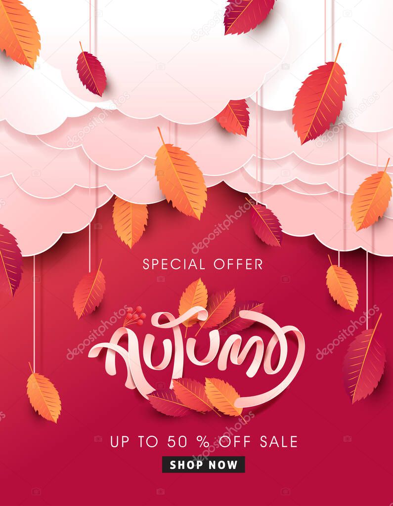 Autumn leaves background. Seasonal lettering.vector illustration.Promotion sale banner of autumn season.