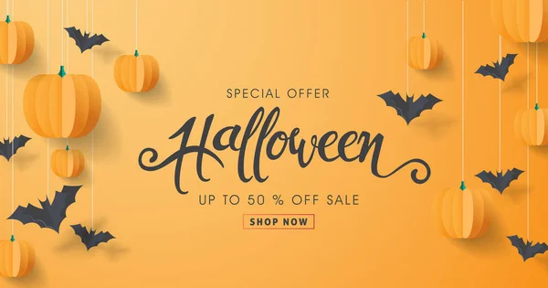 Joyeux Halloween Calligraphie Avec Chauves Souris Papier Citrouilles Bannières Invitation — Image vectorielle
