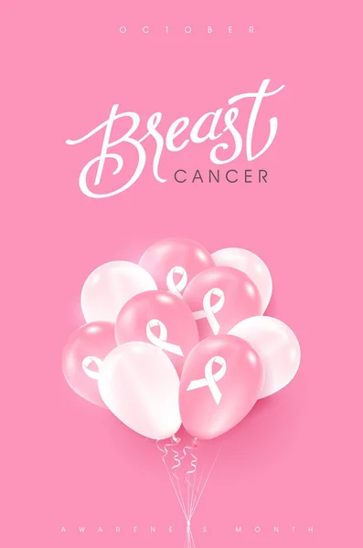 Cáncer Mama Octubre Conciencia Mes Rosa Globos Banner Fondo Vector — Archivo Imágenes Vectoriales