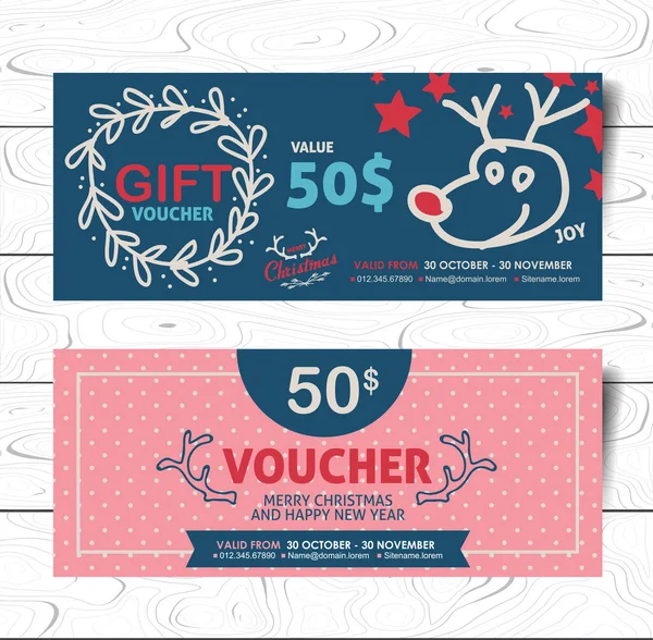 Navidad Año Nuevo Dibujado Mano Estilo Regalo Voucher Vector Plantilla — Vector de stock