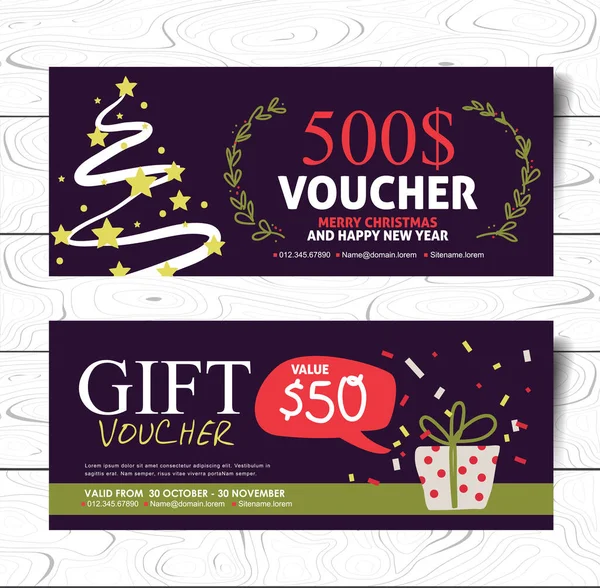 Navidad Año Nuevo Dibujado Mano Estilo Regalo Voucher Vector Plantilla — Vector de stock