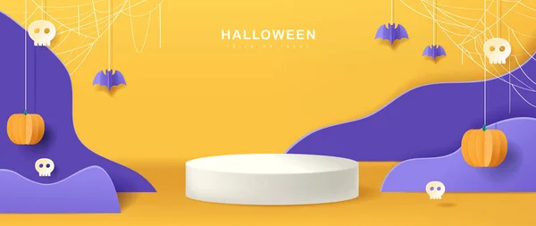 Halloween Bakgrund Design Med Produktdisplay Cylindrisk Form Och Festliga Element — Stock vektor