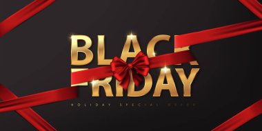 Kara Cuma. Koyu arkaplanda kaligrafik altın rengi, kırmızı kurdele lüksü. Reklam Posteri Tasarımı. Vektör illüstrasyonu.