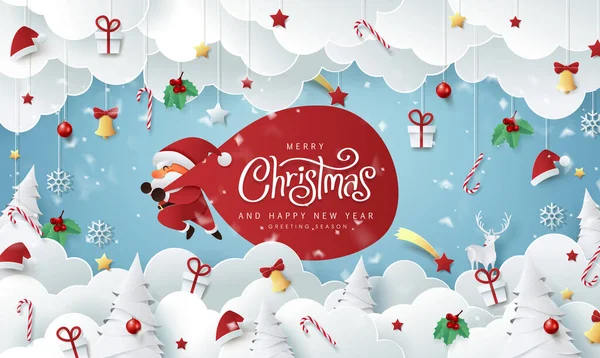 紙カットスタイルで冬のクリスマスの組成 メリークリスマステキストカリグラフィック文字ベクトルイラスト — ストックベクタ