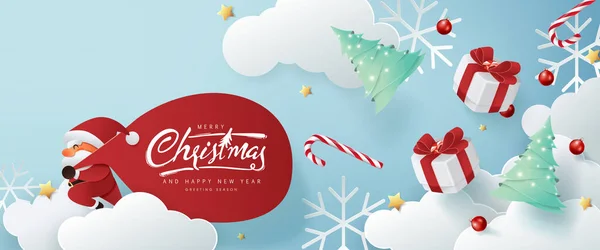 Santa Claus Dengan Tas Besar Jalankan Untuk Pengiriman Hadiah Natal - Stok Vektor