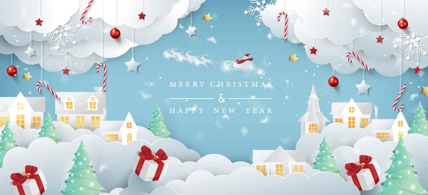 Merry Christmas Composition Paper Cut Style Santa Claus Sky Vector — стоковий вектор