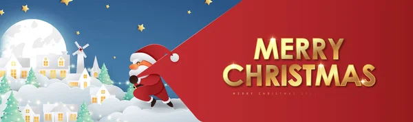Merry Christmas Composition Paper Cut Style Santa Claus Величезною Сумкою — стоковий вектор