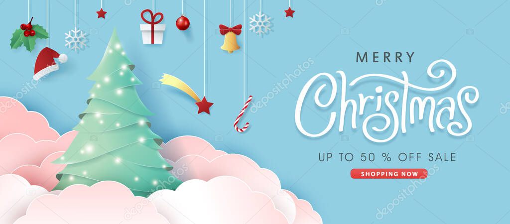 Merry christmas sale banner background.Merry Christmas text Calligraphic Lettering Vector illustration. 