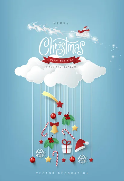 紙カットスタイルで冬のクリスマスの組成 メリークリスマステキストカリグラフィック文字ベクトルイラスト — ストックベクタ