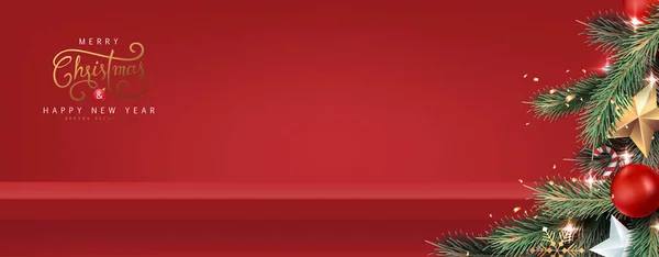 Julgran Bakgrund Och Röd Hylla Väggen För Visning God Jul — Stock vektor