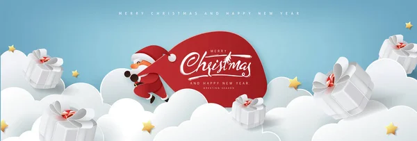 Santa Claus Obrovskou Taškou Útěku Dodání Vánoční Dárky Bílém Mraku — Stockový vektor