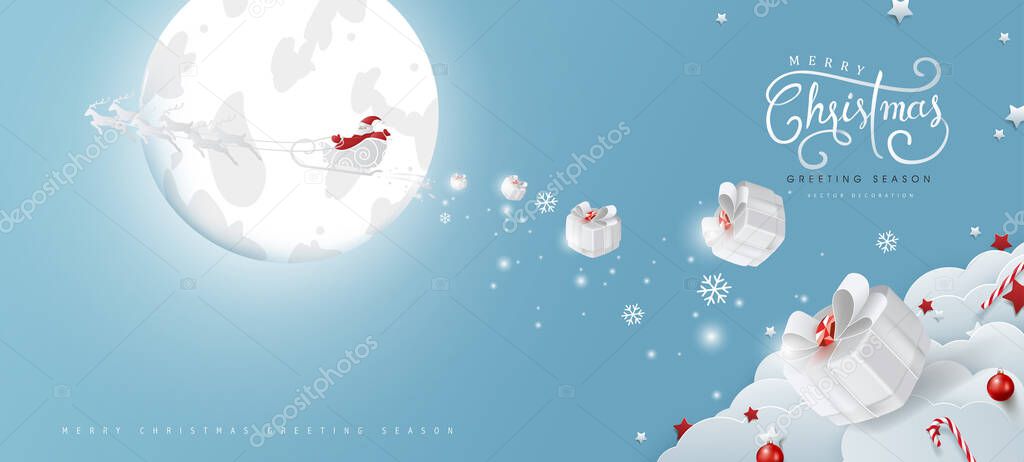 Winter christmas composition in paper cut style.Merry Christmas text Calligraphic Lettering and Santa Claus on the sky Vector illustration. 