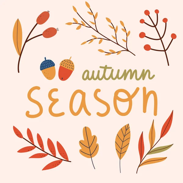 Herbstzeit Text Mit Zweigen Blättern Beeren Und Eicheln Herbstkollektion Vektor — Stockvektor