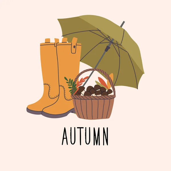 Gelbe Gummistiefel, ein Korb mit Pilzen und ein grüner Regenschirm. Herbst- und Winterkollektion. Vektor handgezeichnete Illustration. — Stockvektor