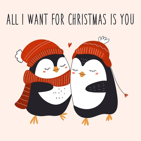 Χαριτωμένοι πιγκουίνοι με κόκκινα καπέλα. Το μόνο που θέλω για τα Χριστούγεννα είσαι εσύ. Εικονογράφηση διανύσματος στο χέρι. — Διανυσματικό Αρχείο