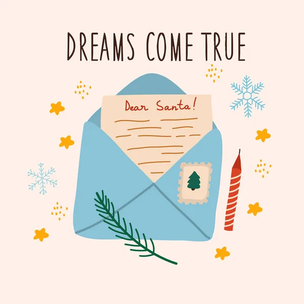 산타 클로스에게 보내는 편지. 꿈은 실현 된다 라는 단어가 적힌 선물 카드. 손으로 그린 벡터 그림. — 스톡 벡터