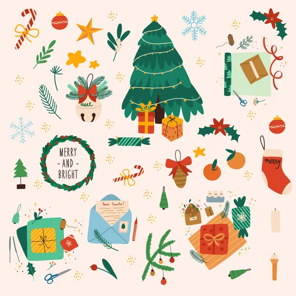 Colección de decoraciones navideñas, regalos navideños, árbol de navidad. Colorido vector ilustración dibujada a mano. Todos los elementos están aislados. — Archivo Imágenes Vectoriales