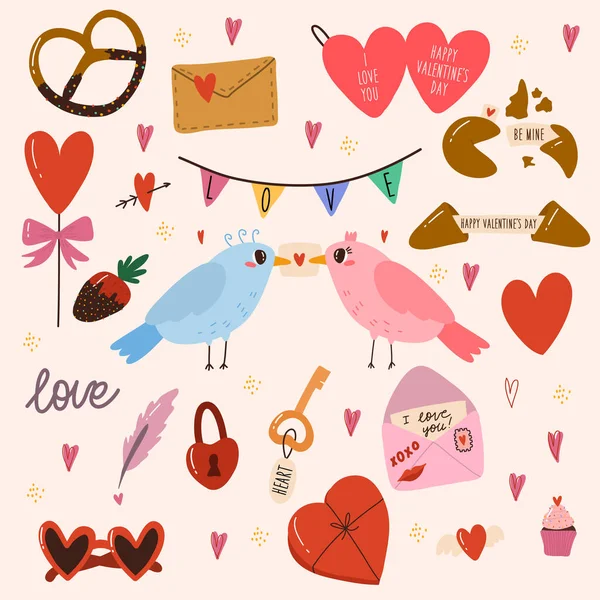 Conjunto de varios elementos para el día de San Valentín. Pájaros, dulces, galletas, pasteles, cartas de amor. Vector ilustración dibujada a mano. — Archivo Imágenes Vectoriales