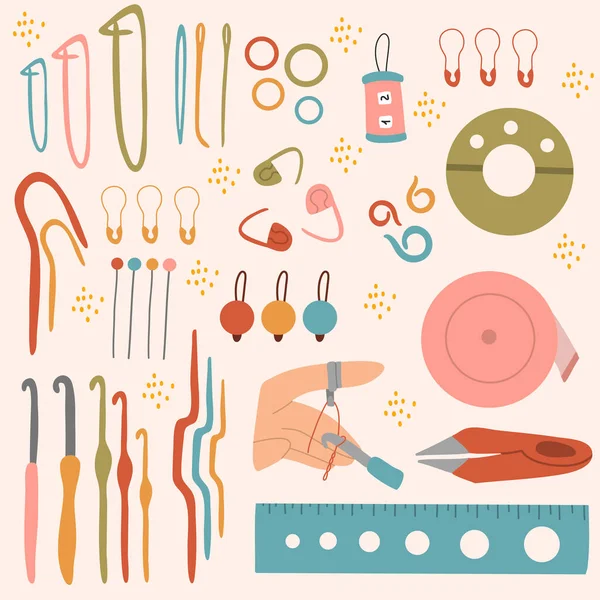 Büyük bir set tığ işi alet. Kancalar, örgü iğneleri, cetvel, işaretleyiciler, iğneler. Vektör el çizimi resimleme.