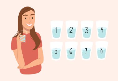 Su dengeleyici. Mutlu genç kız bir bardak su tutuyor..