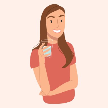 Genç kız bir bardak su tutuyor ve gülümsüyor. Su dengesi kavramı. Vektör el çizimi resimleme.