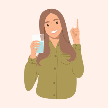 Mutlu genç kız bir bardak su tutuyor ve işaret parmağını kaldırıyor. Su dengesi kavramı. Vektör el çizimi resimleme.