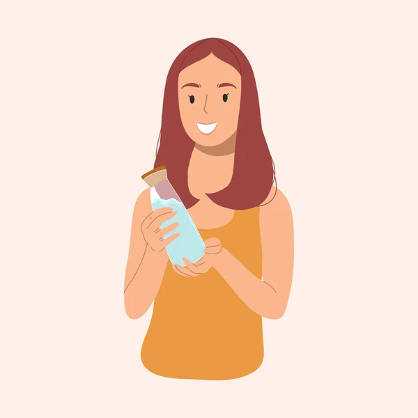 Yong menina está segurando uma garrafa de água e sorrindo. Conceito de balanço hídrico. Ilustração desenhada à mão vetorial. — Vetor de Stock