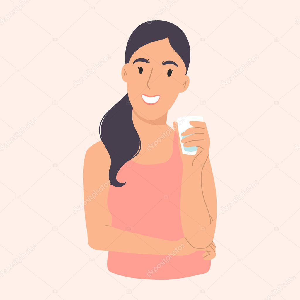 Yong girl are holding a glass of water. Water balance concept. Vector hand drawn illustration.