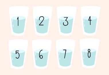 Sekiz bardak su. Su dengesi kavramı. Vektör el çizimi illüstrasyon.