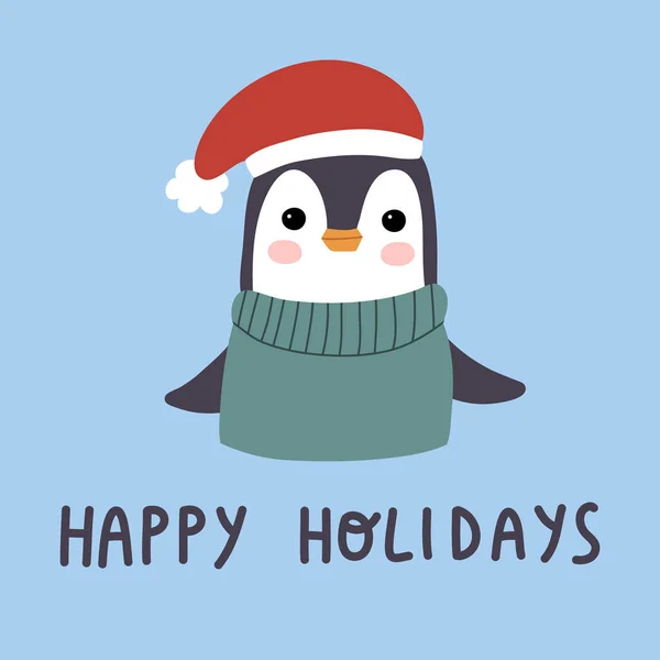 Pingüino con tarjeta de regalo en un sombrero de Navidad. Felices fiestas. Feliz Navidad y feliz año nuevo. — Vector de stock